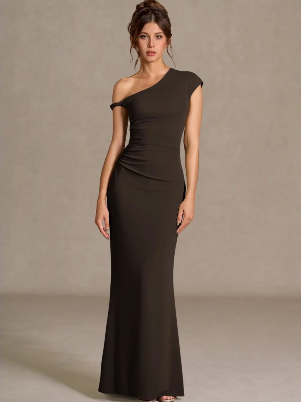 Azazie One-Shoulder Maxi Dress in Chocolate Brown